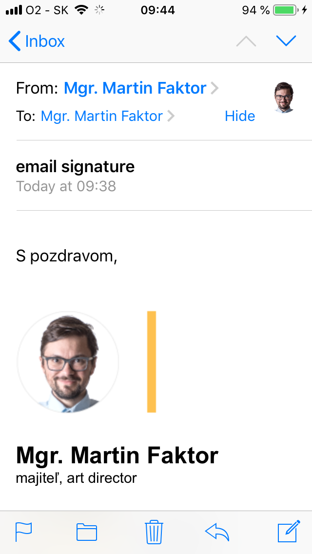 E-mailový podpis s fotkou, logom spoločnosti a odkazom na webovú stránku v aplikácií OS X Mail na iPhone