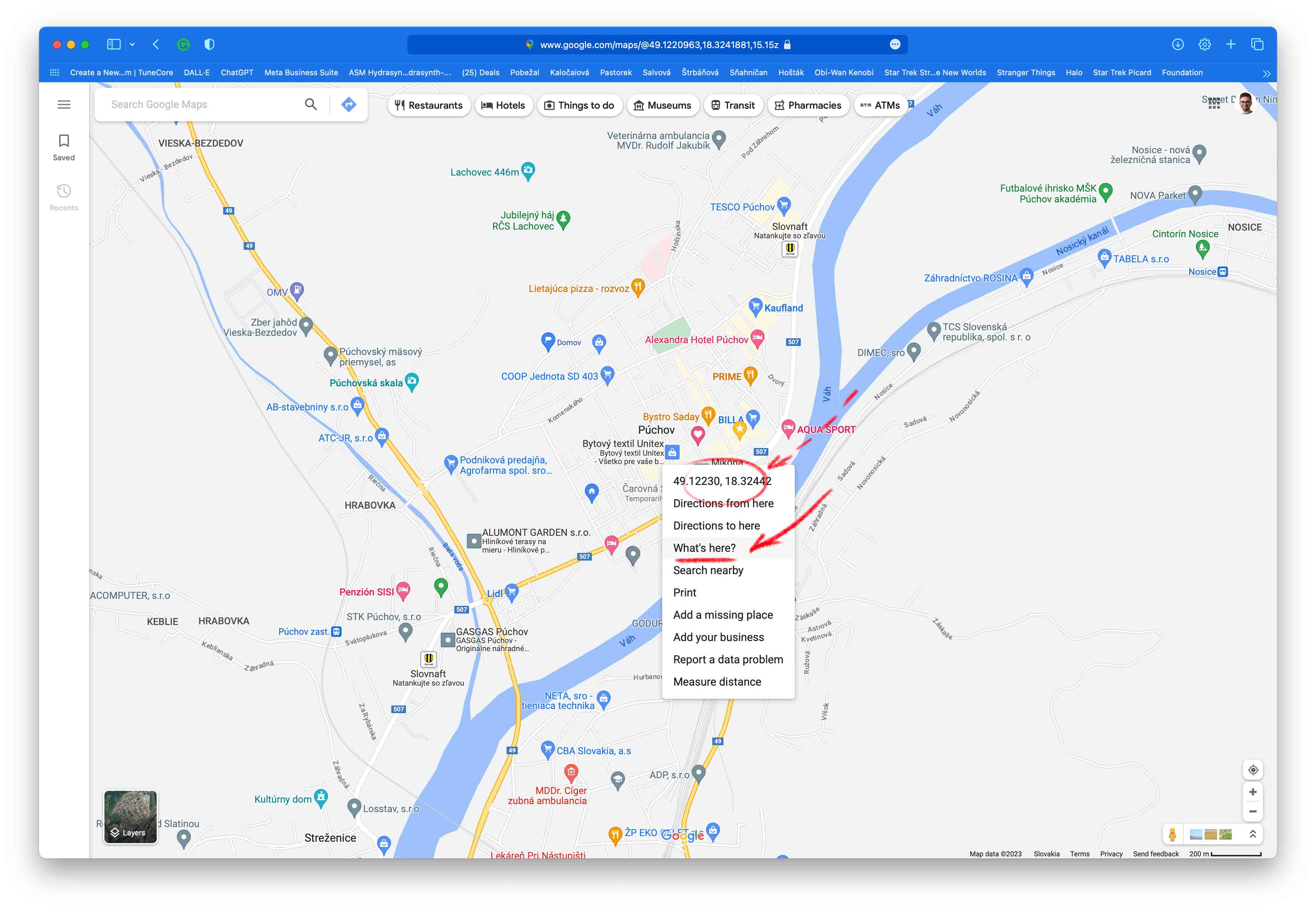 Detailné zobrazenie GPS súradníc na Google Mapách po kliknutí na možnosť 'Čo je tu?'